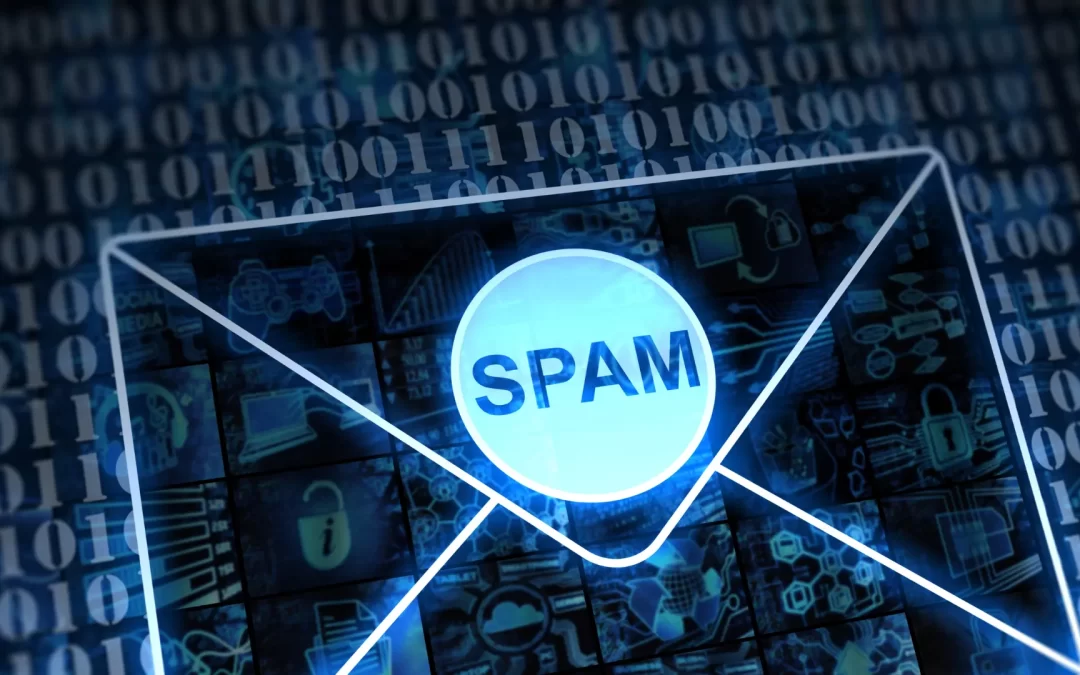 Dark blue background with an email icon with the words "SPAM"