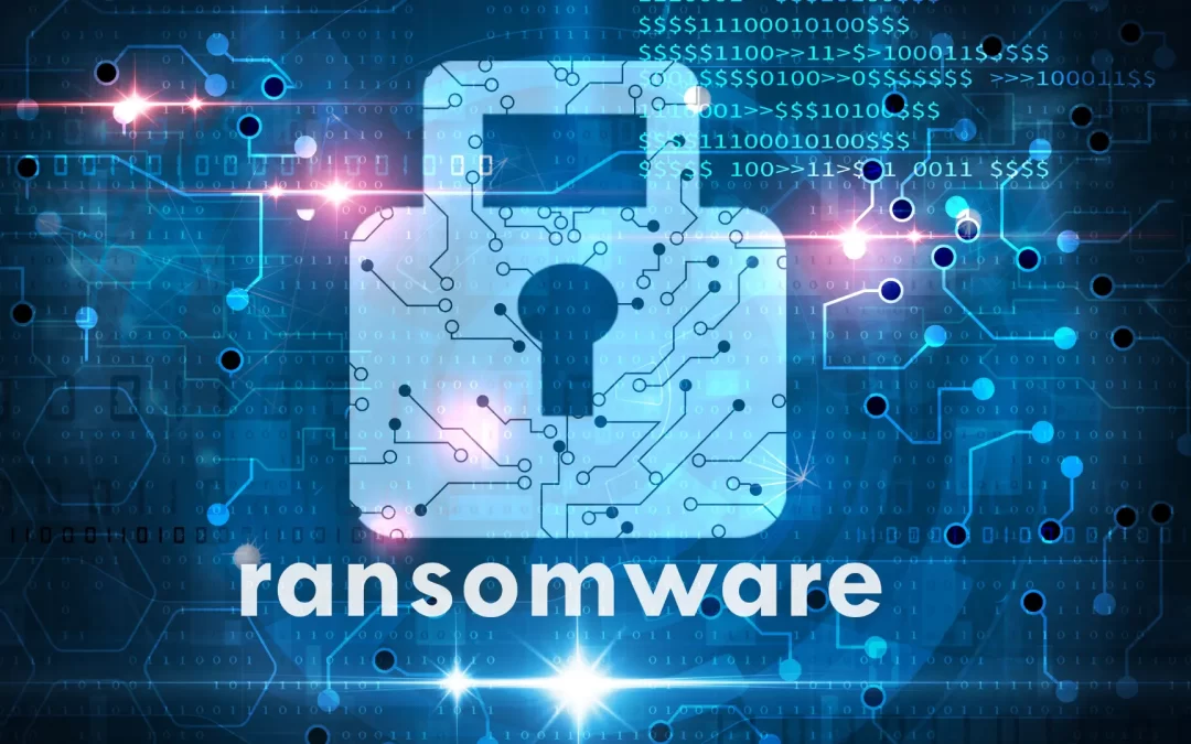 Blue image with a large padlock in the center with the word "ransomware" under it