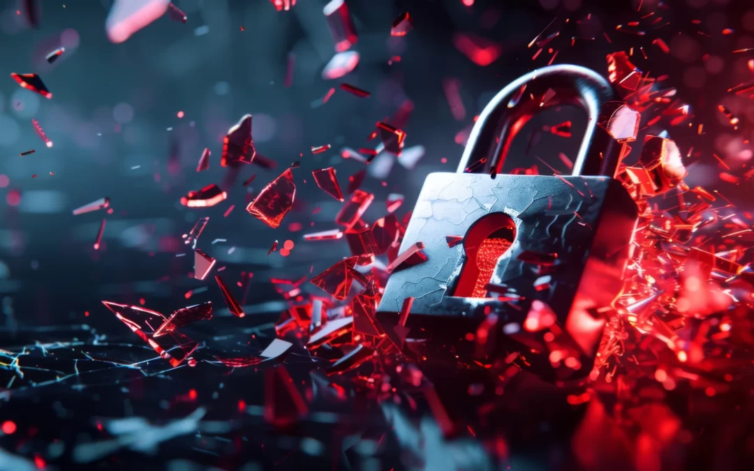 A close-up of a lock shattering into red fragments, symbolizing a security breach or cyber attack.